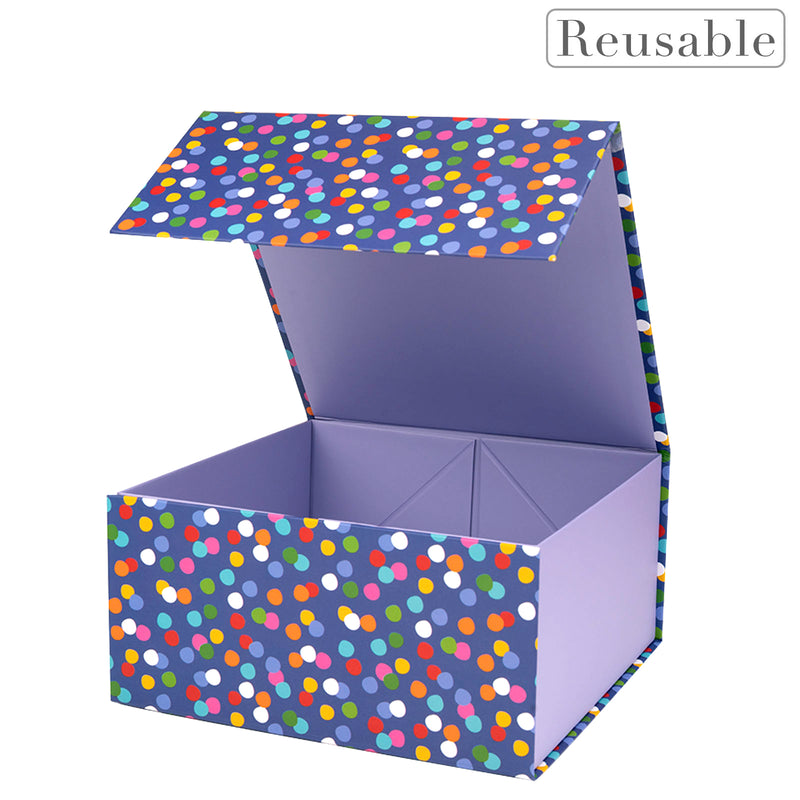 8" x 8" x 4" Collapsable Gift Box w/ 2-pcs White Tissue Paper & Magnetic Square Flap Lid | Colorful Polka Dot