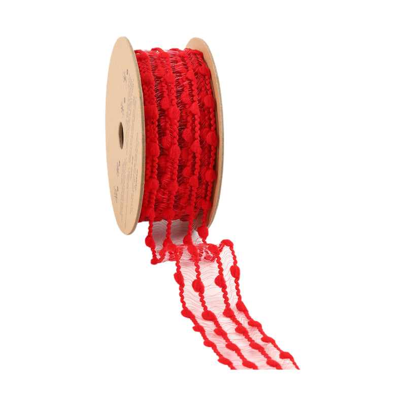 1 1/2" Wired Ribbon | Red Four Row Pom Pom | 10 Yard Roll