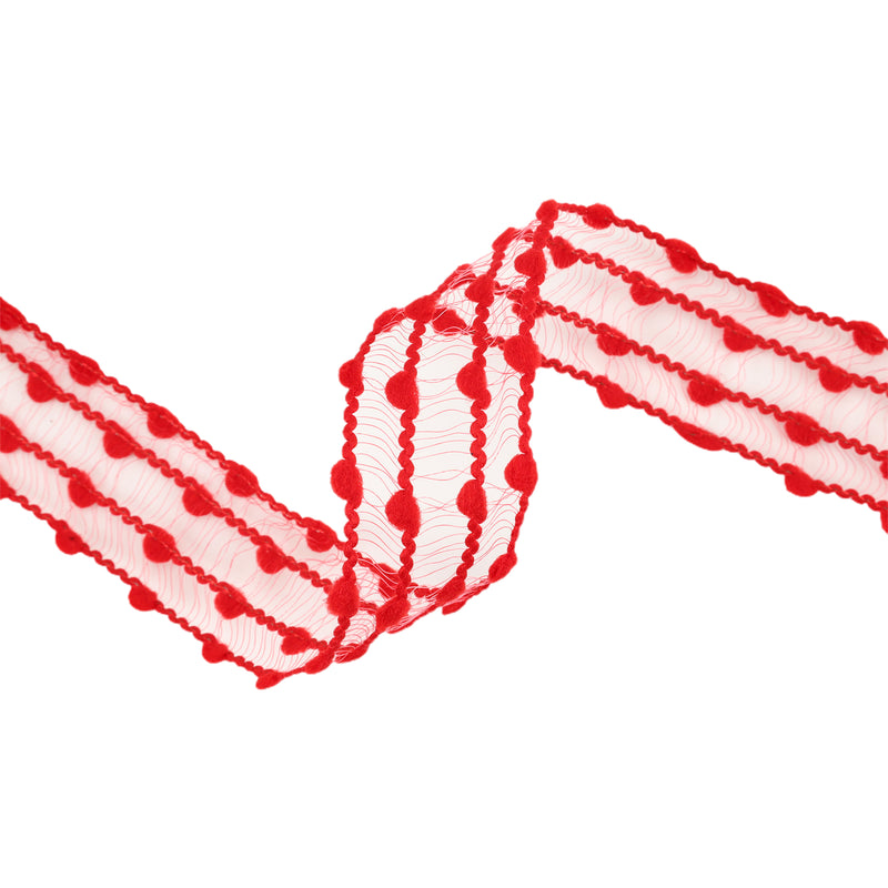 1 1/2" Wired Ribbon | Red Four Row Pom Pom | 10 Yard Roll