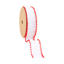 1 1/2" Wired Ribbon | White w/ Red Pom Pom Edge | 10 Yard Roll