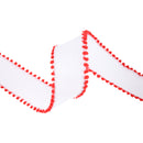1 1/2" Wired Ribbon | White w/ Red Pom Pom Edge | 10 Yard Roll