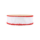 1 1/2" Wired Ribbon | White w/ Red Pom Pom Edge | 10 Yard Roll
