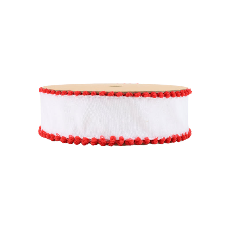 1 1/2" Wired Ribbon | White w/ Red Pom Pom Edge | 10 Yard Roll