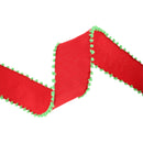 1 1/2" Wired Ribbon | Red w/ Lime Green Pom Pom Edge | 10 Yard Roll