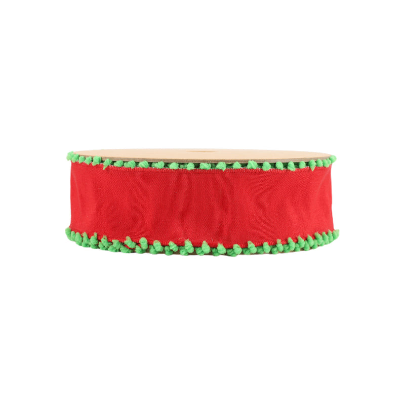 1 1/2" Wired Ribbon | Red w/ Lime Green Pom Pom Edge | 10 Yard Roll