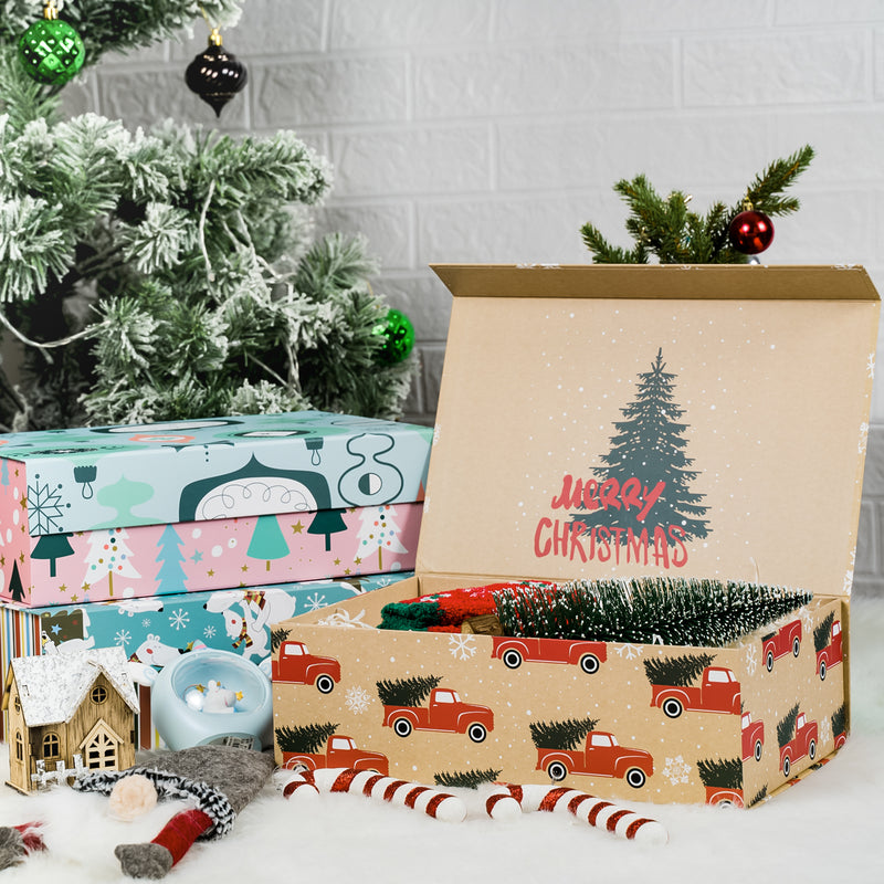 14" x 9" x 4.3" Collapsable Holiday Gift Box w/ 2-pcs White Tissue Paper & Magnetic Square Flap Lid | Pink And Blue Christmas Ornaments