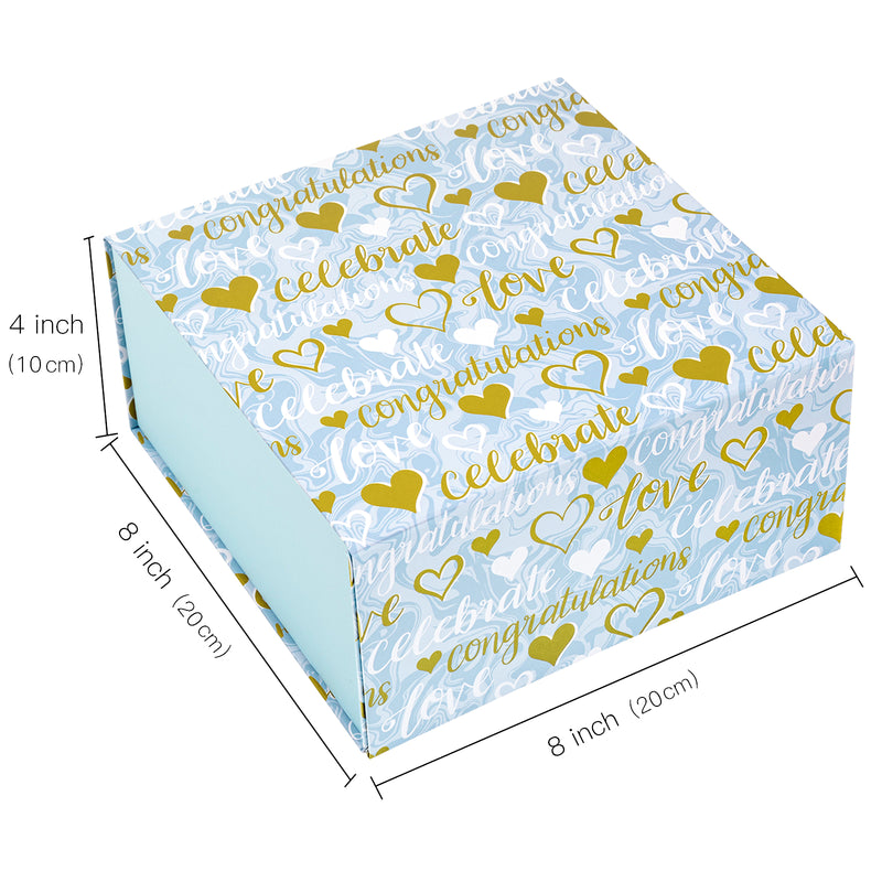 8" x 8" x 4" Collapsable Gift Box w/ 2-pcs White Tissue Paper & Magnetic Square Flap Lid | Wedding Hearts