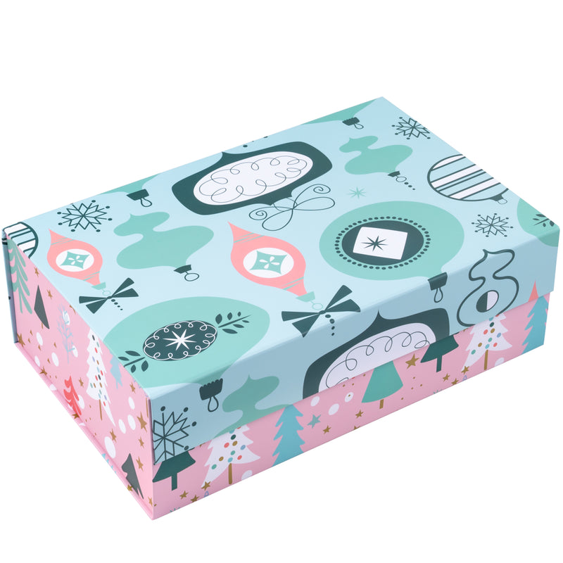 14" x 9" x 4.3" Collapsable Holiday Gift Box w/ 2-pcs White Tissue Paper & Magnetic Square Flap Lid | Pink And Blue Christmas Ornaments