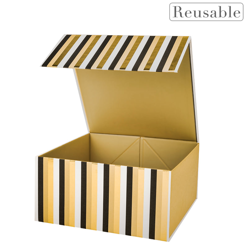 8" x 8" x 4" Collapsable Gift Box w/ 2-pcs White Tissue Paper & Magnetic Square Flap Lid | Classic Stripe