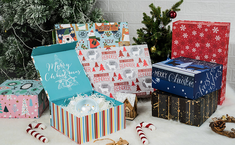 14" x 9" x 4.3" Collapsable Holiday Gift Box w/ 2-pcs White Tissue Paper & Magnetic Square Flap Lid | Pink And Blue Christmas Ornaments