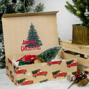 14" x 9" x 4.3" Collapsable Holiday Gift Box w/ 2-pcs White Tissue Paper & Magnetic Square Flap Lid | Red Truck And Christmas Tree