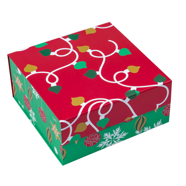 8" x 8" x 4" Collapsable Holiday Gift Box w/ 2-pcs White Tissue Paper & Magnetic Square Flap Lid | Red/Green Christmas Ornaments