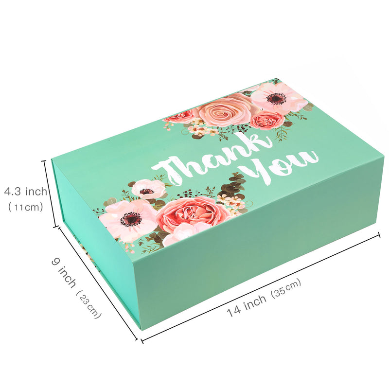 14" x 9" x 4.3" Collapsable Gift Box w/ 2-pcs White Tissue Paper & Magnetic Square Flap Lid | Floral Thank You
