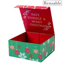 8" x 8" x 4" Collapsable Holiday Gift Box w/ 2-pcs White Tissue Paper & Magnetic Square Flap Lid | Red/Green Christmas Ornaments