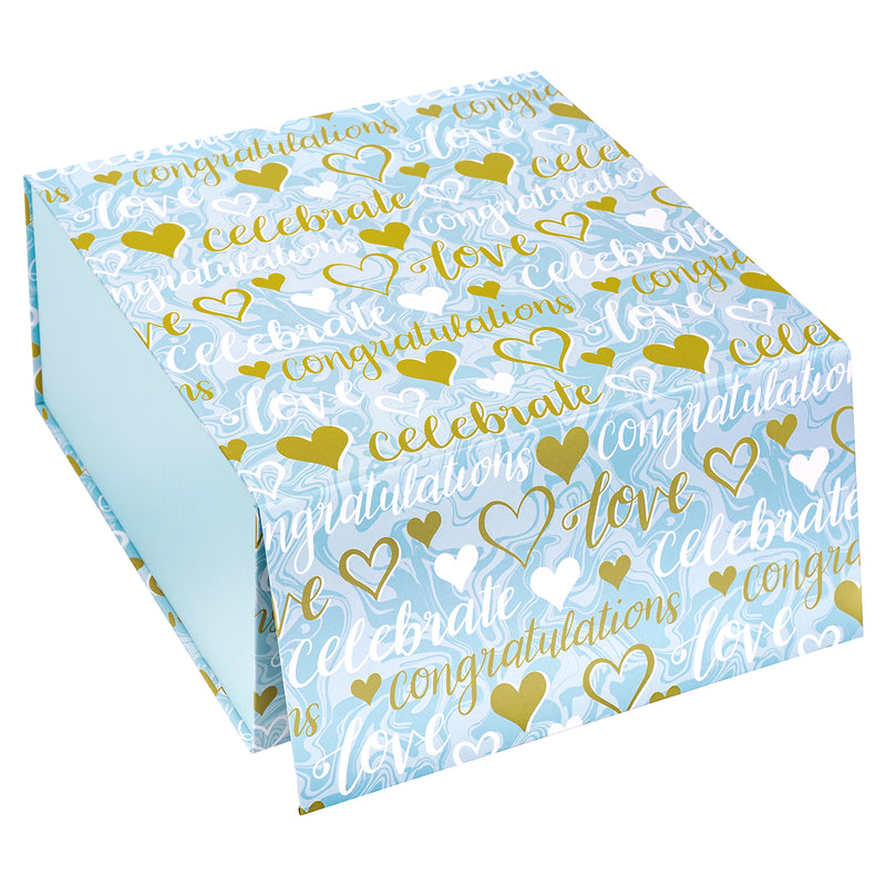 8" x 8" x 4" Collapsable Gift Box w/ 2-pcs White Tissue Paper & Magnetic Square Flap Lid | Wedding Hearts