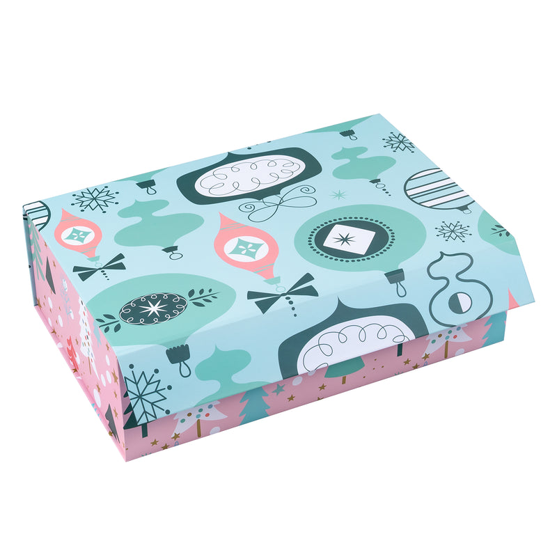14" x 9" x 4.3" Collapsable Holiday Gift Box w/ 2-pcs White Tissue Paper & Magnetic Square Flap Lid | Pink And Blue Christmas Ornaments