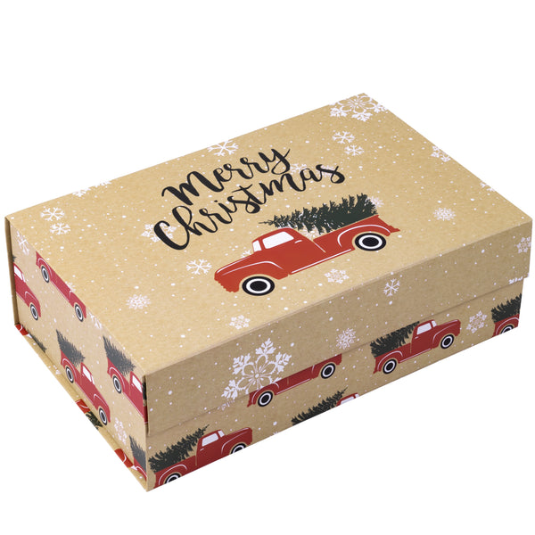 14" x 9" x 4.3" Collapsable Holiday Gift Box w/ 2-pcs White Tissue Paper & Magnetic Square Flap Lid | Red Truck And Christmas Tree