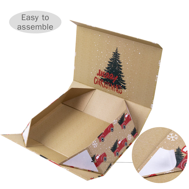 14" x 9" x 4.3" Collapsable Holiday Gift Box w/ 2-pcs White Tissue Paper & Magnetic Square Flap Lid | Red Truck And Christmas Tree