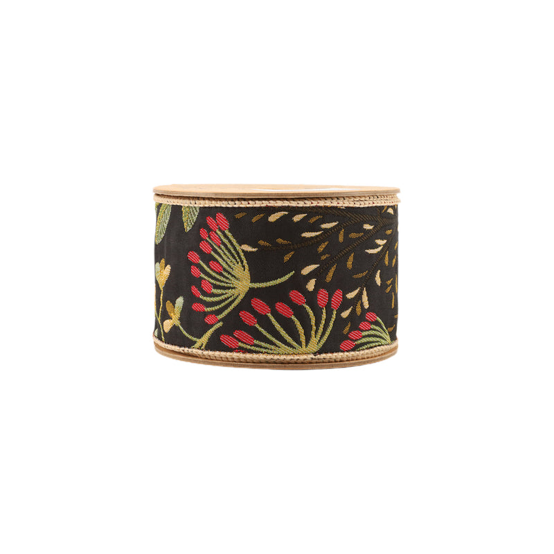 2 1/2" Reversible Floral Tapestry Wired Ribbon | Forest Pale Gold/Black | 5 Yard Roll