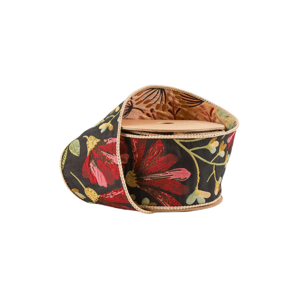 2 1/2" Reversible Floral Tapestry Wired Ribbon | Forest Pale Gold/Black | 5 Yard Roll
