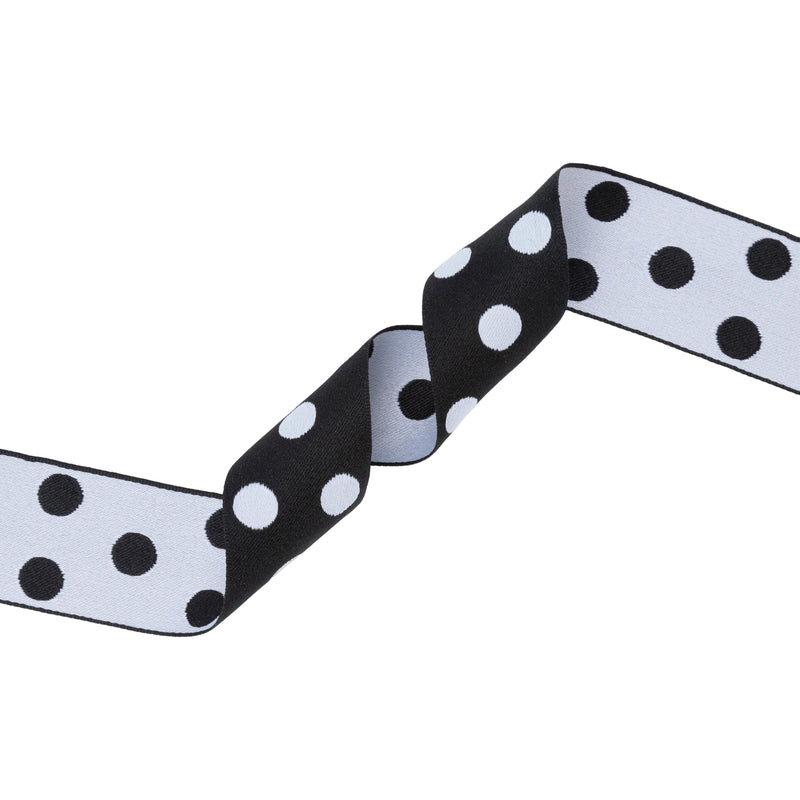 1 1/2" Double-Sided Jacquard Ribbon | Polka Dot Black/White | 10 Yard Roll