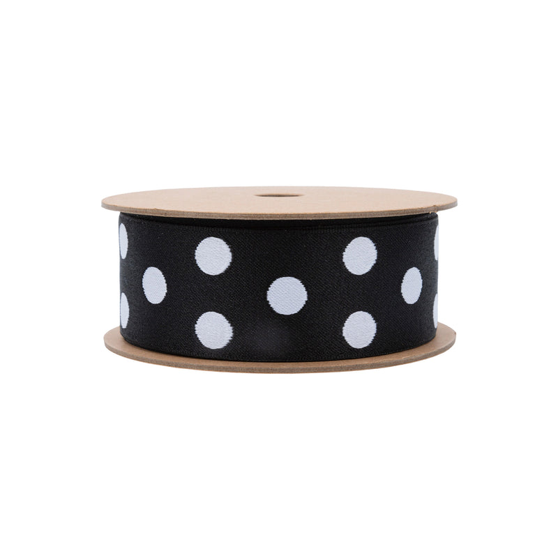 1 1/2" Double-Sided Jacquard Ribbon | Polka Dot Black/White | 10 Yard Roll