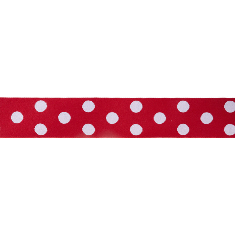 1 1/2" Double-Sided Jacquard Ribbon | Polka Dot Red/White | 10 Yard Roll