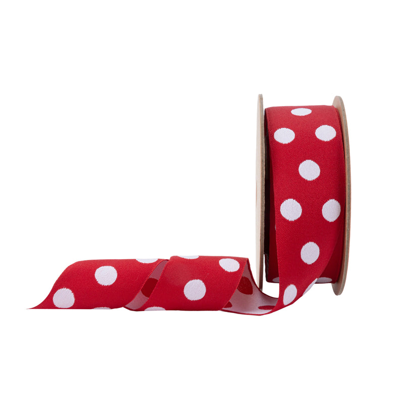 1 1/2" Double-Sided Jacquard Ribbon | Polka Dot Red/White | 10 Yard Roll