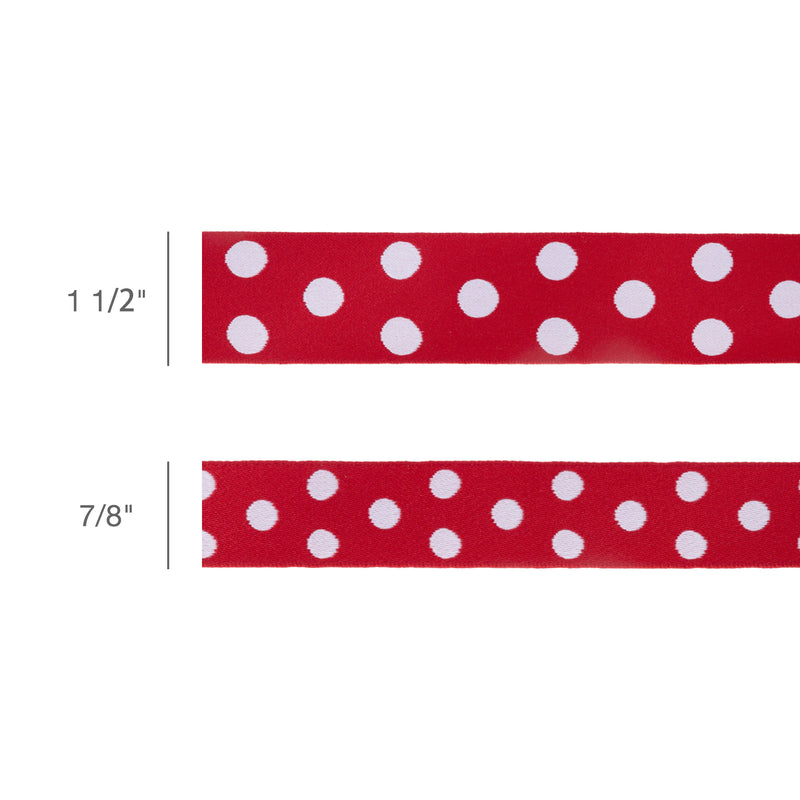 1 1/2" Double-Sided Jacquard Ribbon | Polka Dot Red/White | 10 Yard Roll