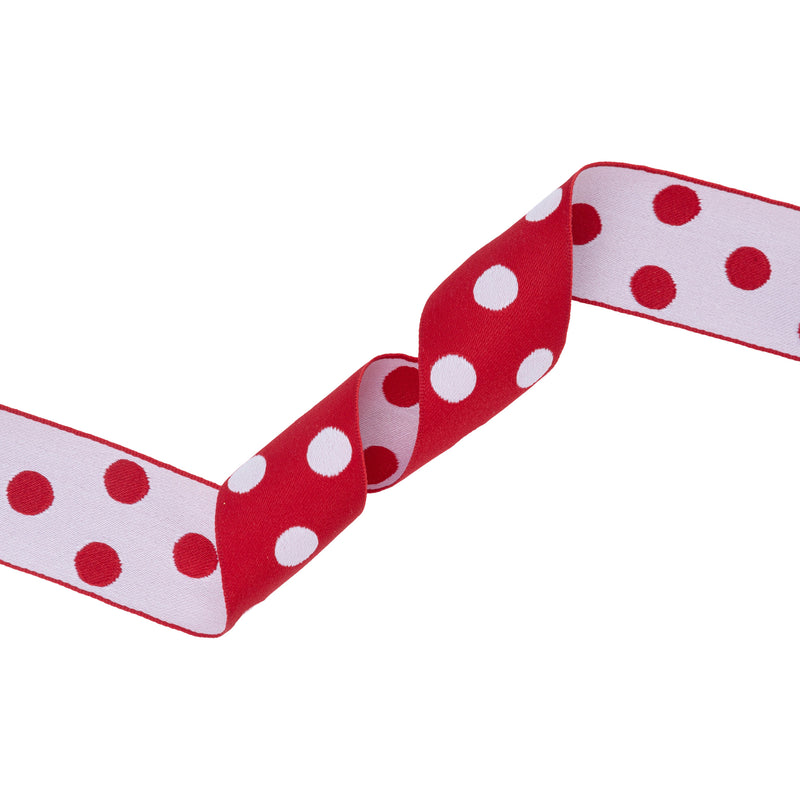 1 1/2" Double-Sided Jacquard Ribbon | Polka Dot Red/White | 10 Yard Roll