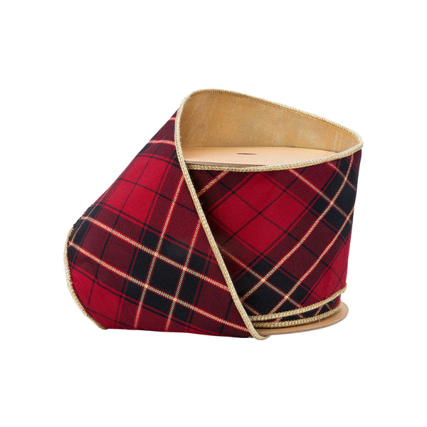 4" Wired Ribbon | Black/Gold/Red Bias-Plaid w/ Gold Dupioni-fused Backing | 10 Yard Roll