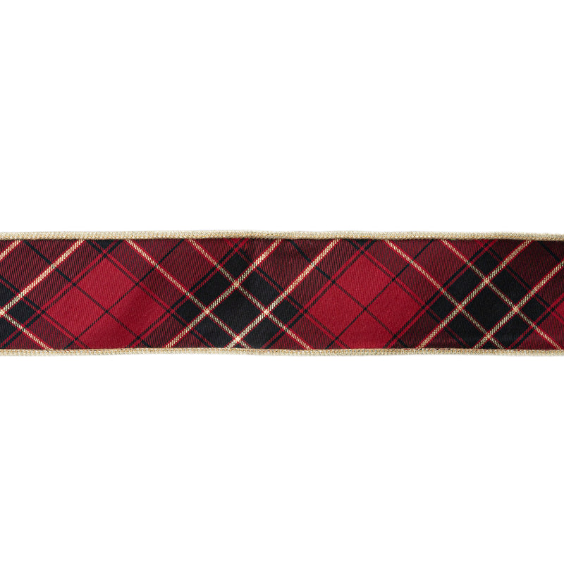 2 1/2" Wired Ribbon | Black/Gold/Red Bias-Plaid w/ Gold Dupioni-fused Backing | 10 Yard Roll