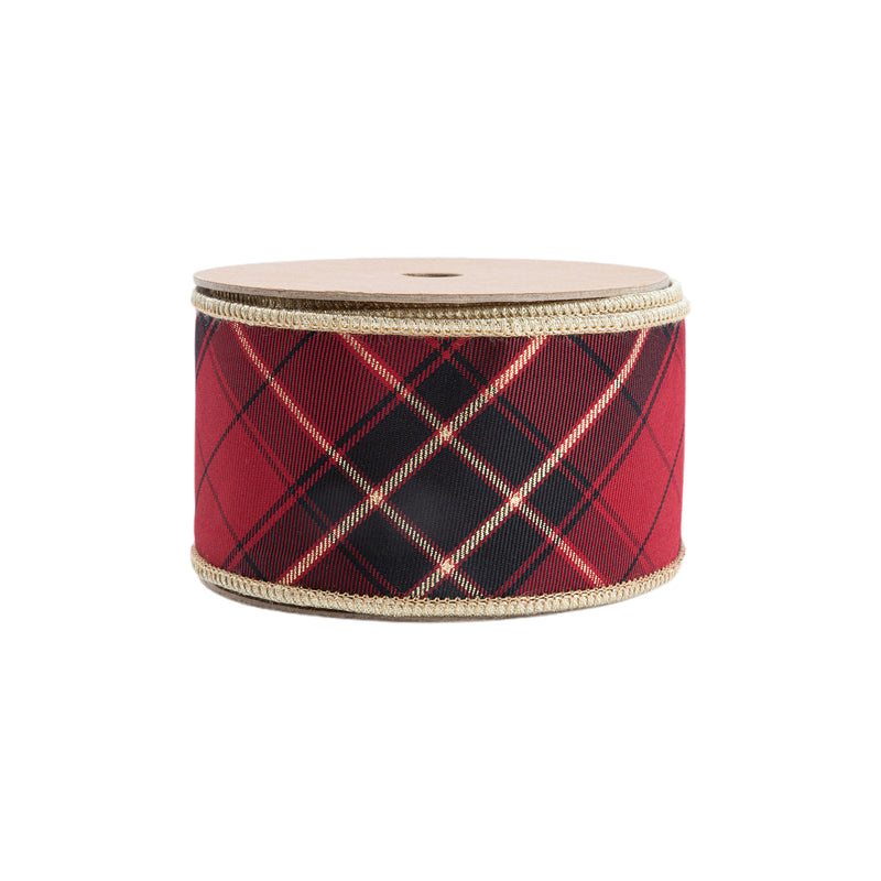 2 1/2" Wired Ribbon | Black/Gold/Red Bias-Plaid w/ Gold Dupioni-fused Backing | 10 Yard Roll
