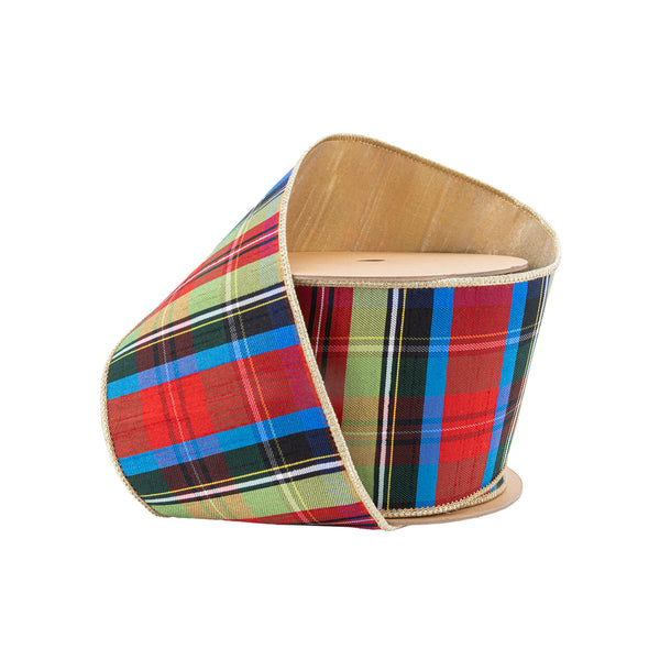 4" Wired Ribbon | Black/Lime/Red/Royal Plaid w/ Gold Dupioni-fused Backing | 10 Yard Roll