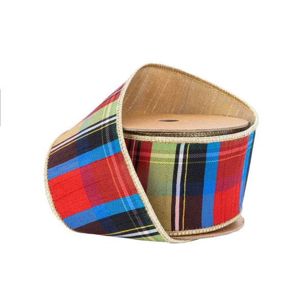 2 1/2" Wired Ribbon | Black/Lime/Red/Royal Plaid w/ Gold Dupioni-fused Backing | 10 Yard Roll