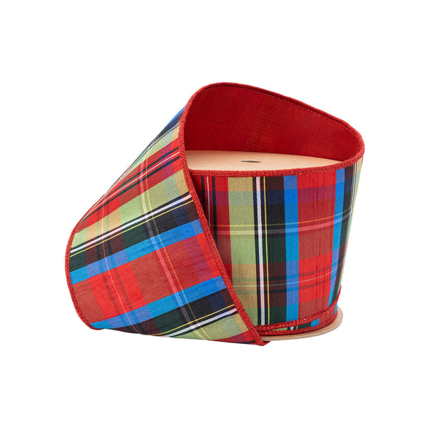 4" Wired Ribbon | Black/Lime/Red/Royal Plaid w/ Red Dupioni-fused Backing | 10 Yard Roll