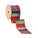 2 1/2" Wired Ribbon | Black/Lime/Red/Royal Plaid w/ Red Dupioni-fused Backing | 10 Yard Roll