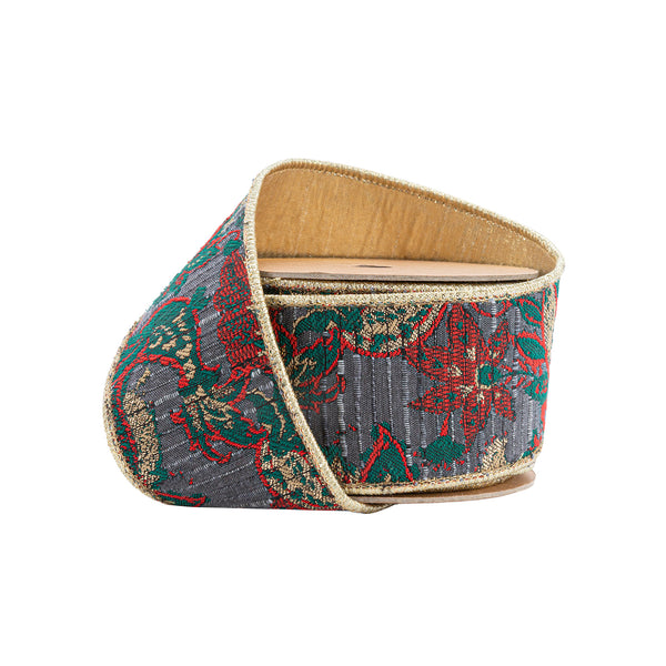 2 1/2" Wired Jacquard Ribbon | Burgundy Damask Paisley w/ Gold Dupioni-Fused Backing | 10 Yard Roll