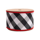 2 1/2" Wired Ribbon | Black/White Bias Check w/ Red Dupioni-fused Backing | 10 Yard Roll