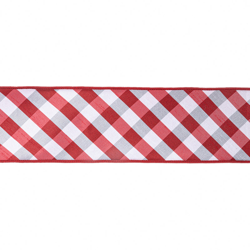 4" Wired Ribbon | Red/White Bias Check w/ Red Dupioni-fused Backing | 10 Yard Roll