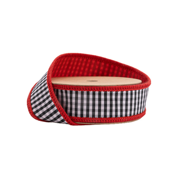1" Wired Ribbon | Black/White Mini Check w/ Red Backing | 10 Yard Roll