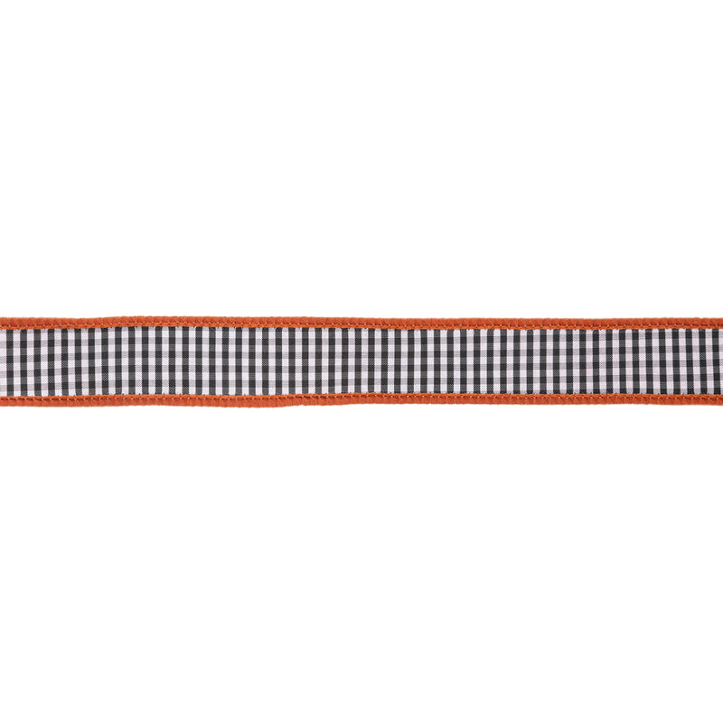 1" Wired Ribbon | Black/White Mini Check w/ Orange Backing | 10 Yard Roll