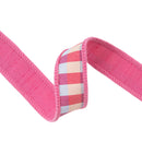1" Wired Ribbon | Pink/Multi Small Check w/ Pink Dupioni-fused Backing | 10 Yard Roll