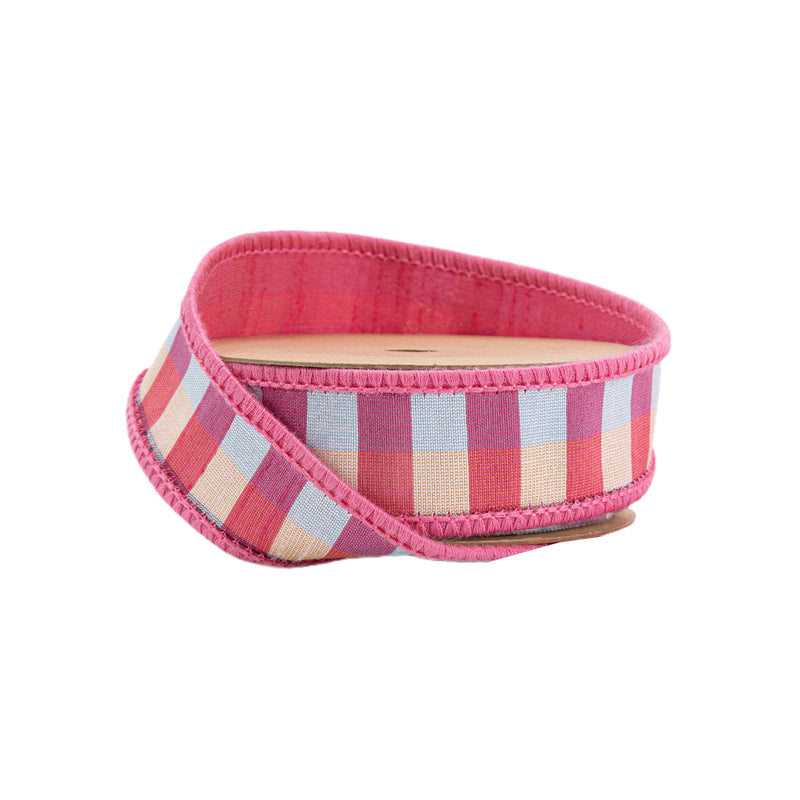 1" Wired Ribbon | Pink/Multi Small Check w/ Pink Dupioni-fused Backing | 10 Yard Roll