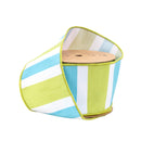 4" Wired Dupioni Ribbon | Green/White/Blue Large Horizontal Stripe w/ Green Backing | 10 Yard Roll