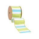 4" Wired Dupioni Ribbon | Green/White/Blue Large Horizontal Stripe w/ Green Backing | 10 Yard Roll
