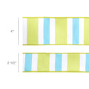 4" Wired Dupioni Ribbon | Green/White/Blue Large Horizontal Stripe w/ Green Backing | 10 Yard Roll