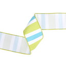 4" Wired Dupioni Ribbon | Green/White/Blue Large Horizontal Stripe w/ Green Backing | 10 Yard Roll