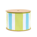 4" Wired Dupioni Ribbon | Green/White/Blue Large Horizontal Stripe w/ Green Backing | 10 Yard Roll