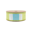 1 1/2" Wired Ribbon | Green/White/Blue Large Horizontal Stripe w/ Green Backing | 10 Yard Roll